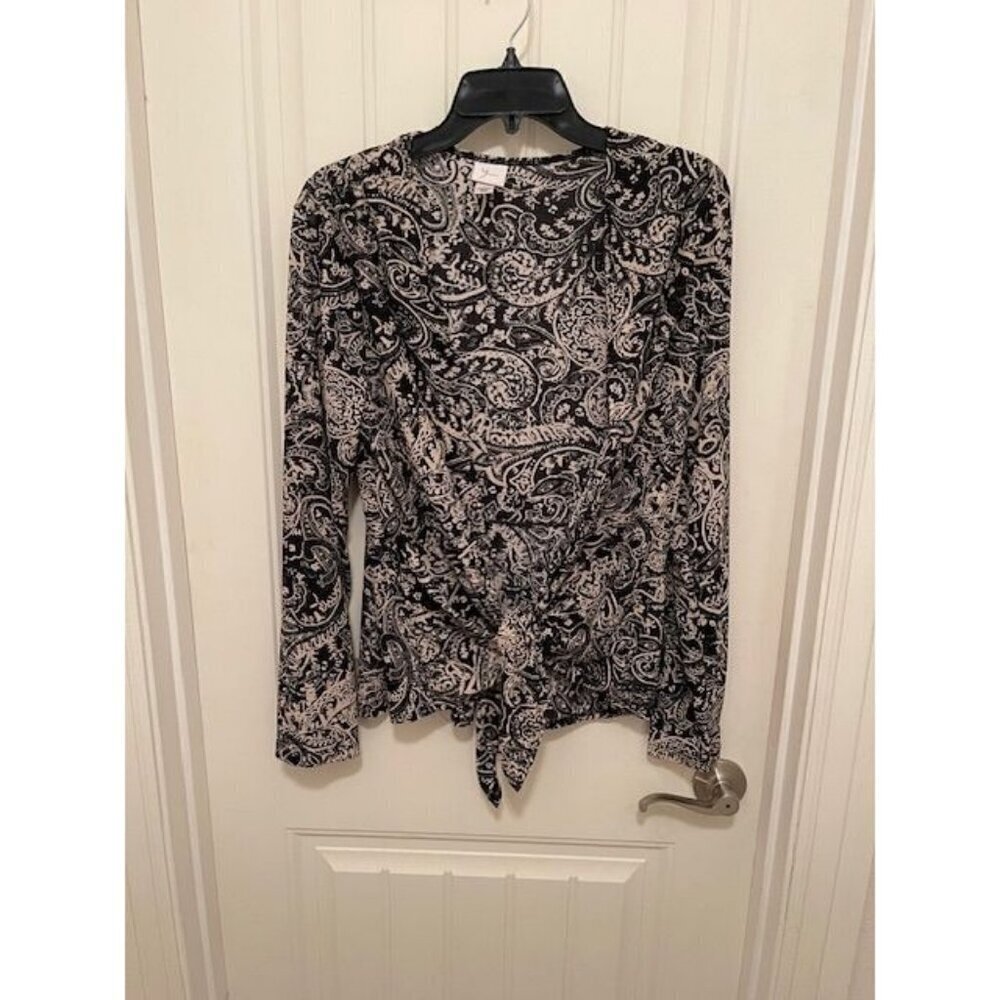 Yvos Black & White Paisley‎ Long Sleeve Blouse WOMEN LARGE 100% Polyester